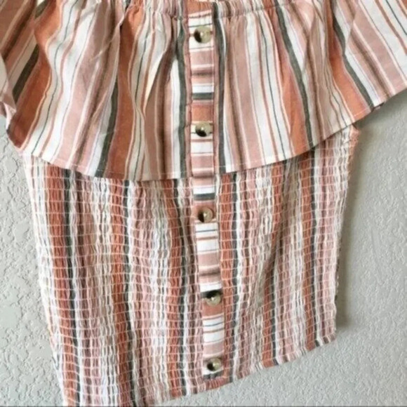 Boutique Dizzire Striped Button Down Off Shoulder Short Sleeve Crop Top S - Picture 3 of 3